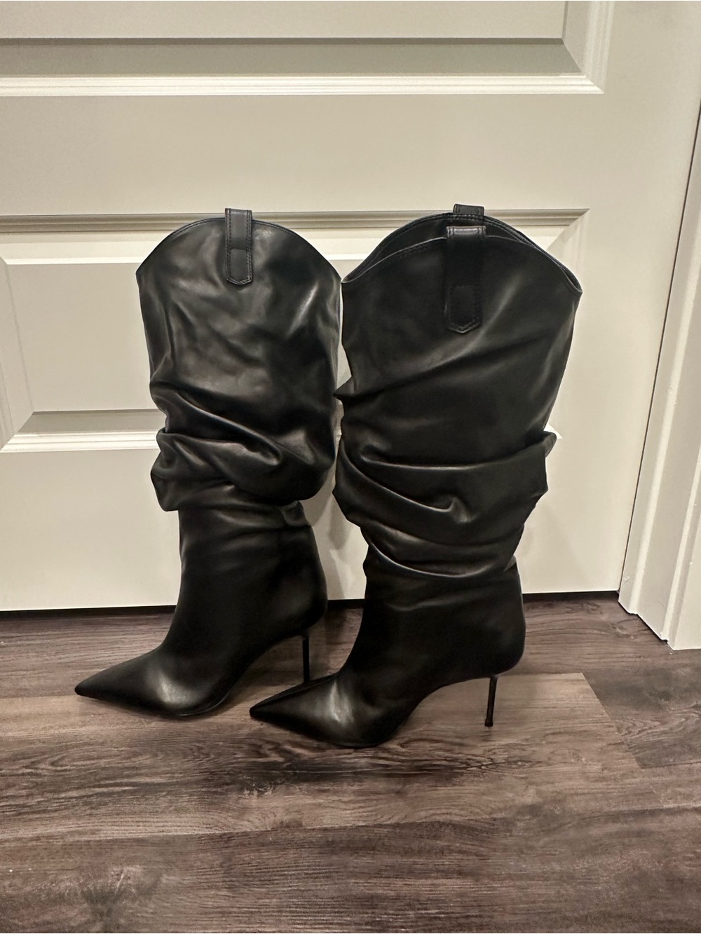 Schutz Black Slouch Leather Knee Boots 8.5 Patent Heel NWOT